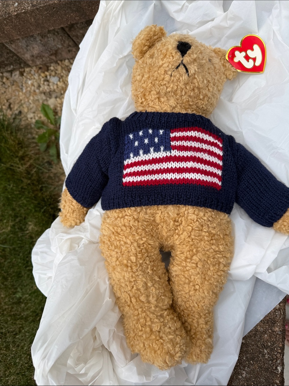 Ty Plush Bear in Navy American Flag Sweater - Tan Fur curly